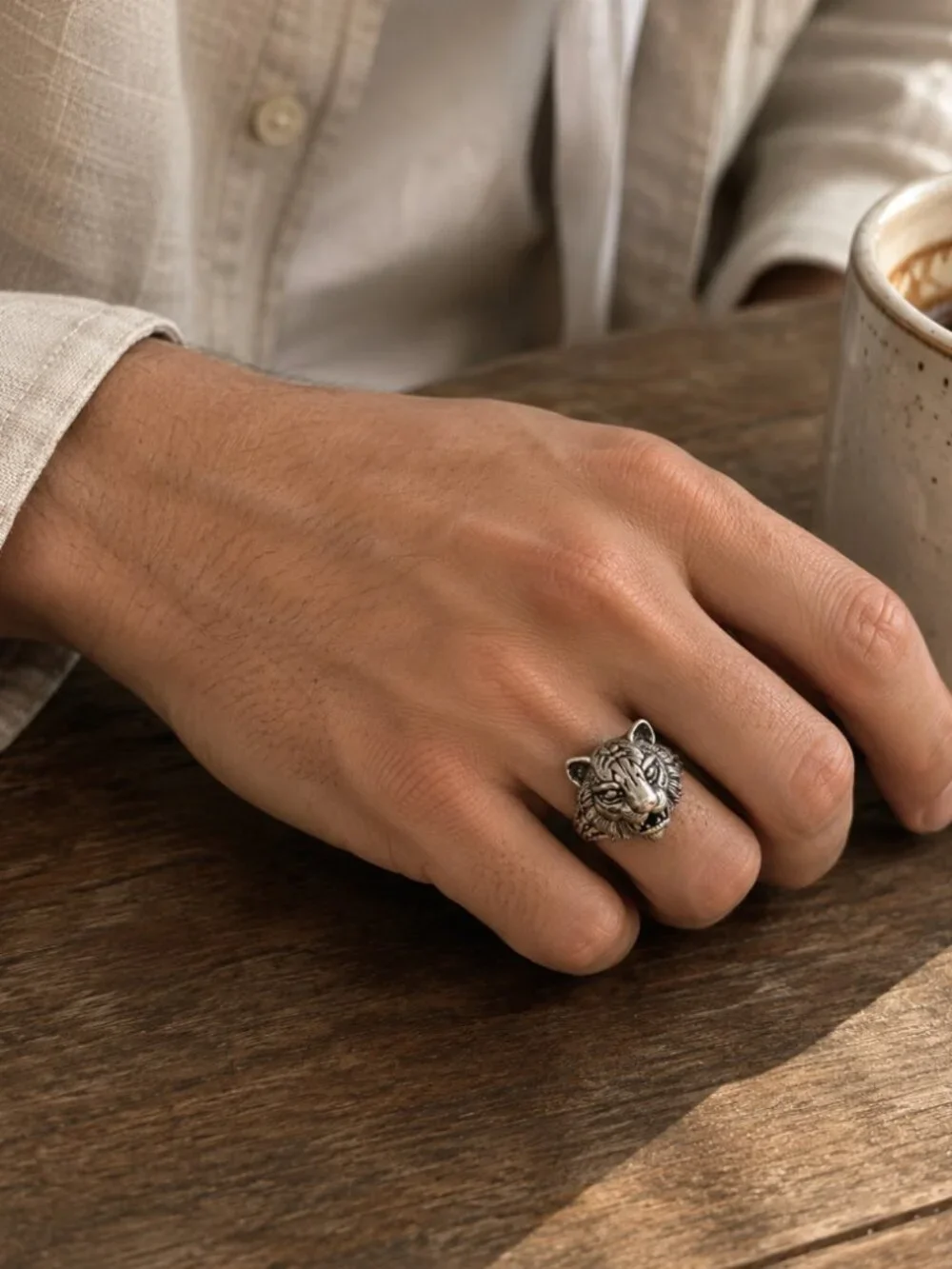 925 Sterling Silver Tiger Ring Mens Cool Chunky Ring Bold Thick Ring Unisex